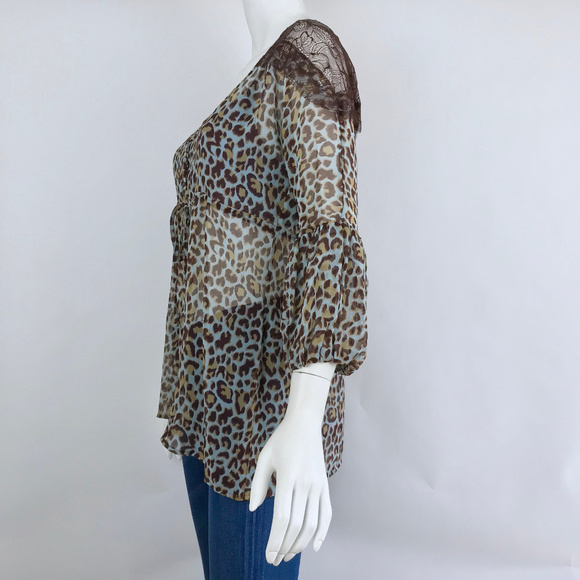 {BCBGMaxAzria} Blue Leopard Bell Sleeve Blouse - Picture 4 of 6